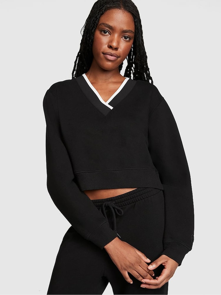Victoria's Secret PINK Pure Black Elevated Fleece V-Neck Sweat Top - Image 1 of 4