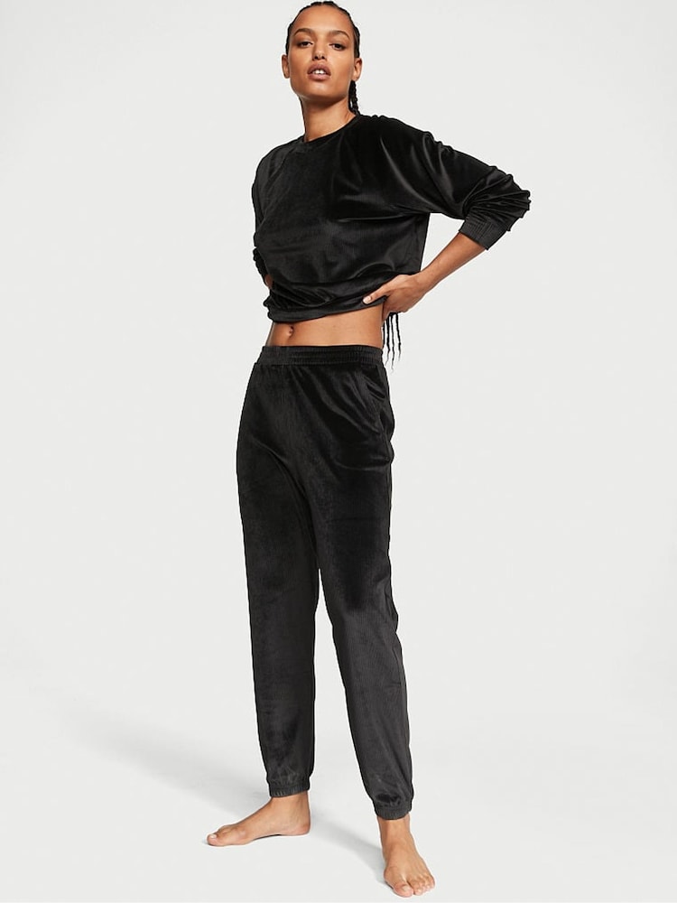 Victoria's Secret Pure Black Ribbed Velour Jogger - Image 1 of 3
