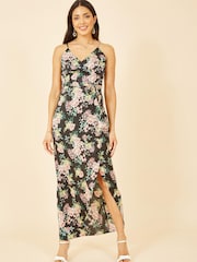 Mela Black Multi Satin Floral Wrap Maxi Dress - Image 1 of 5