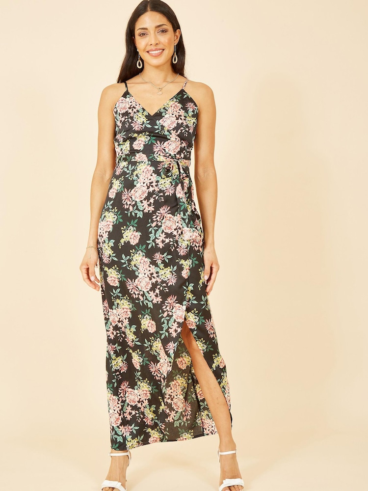 Mela Black Multi Satin Floral Wrap Maxi Dress - Image 1 of 5