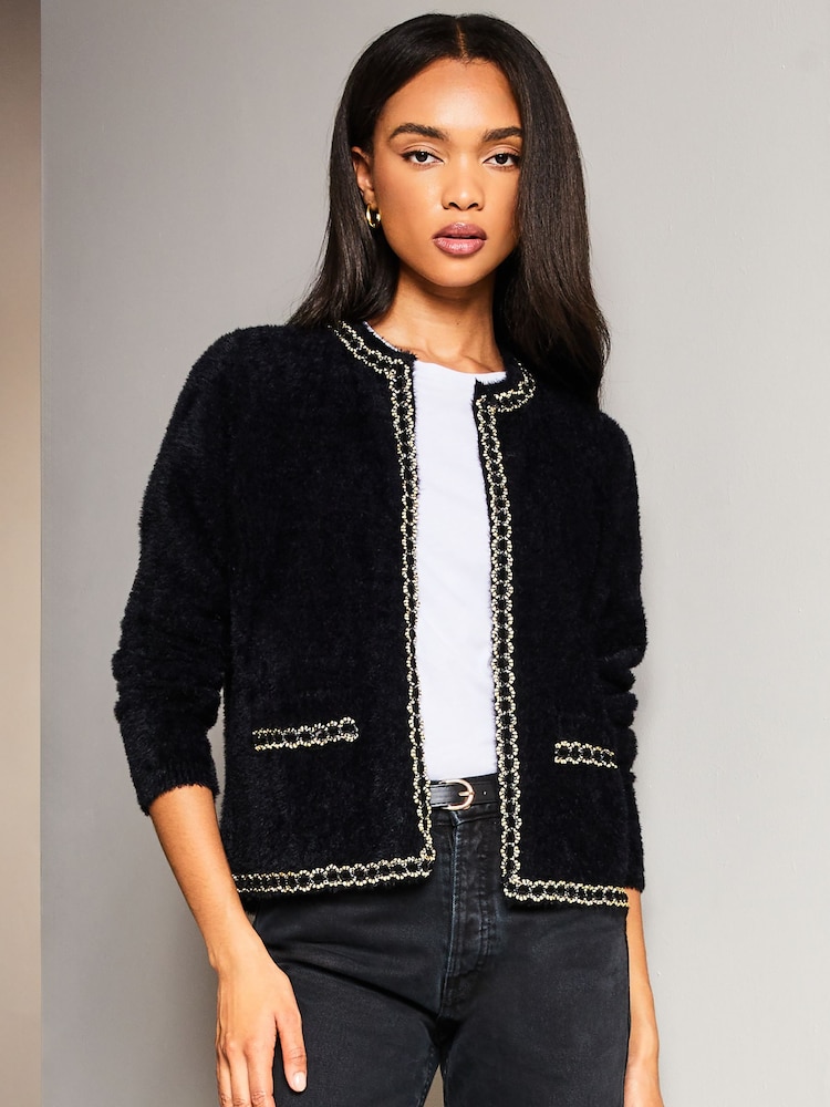 Lipsy Black Petite Crew Neck Button Through Eyelash Faux Fur Cardigan - Image 1 of 4
