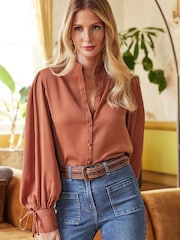 Friends Like These Rust Brown Tie Cuff Puff Sleeve Button Through Blouse - Image 1 of 4
