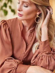 Friends Like These Rust Brown Tie Cuff Puff Sleeve Button Through Blouse - Image 3 of 4