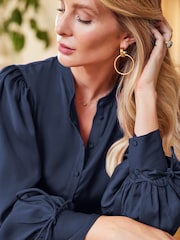 Friends Like These Navy Blue Tie Cuff Puff Sleeve Button Through Blouse - Image 3 of 4