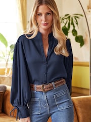 Friends Like These Navy Blue Tie Cuff Puff Sleeve Button Through Blouse - Image 4 of 4