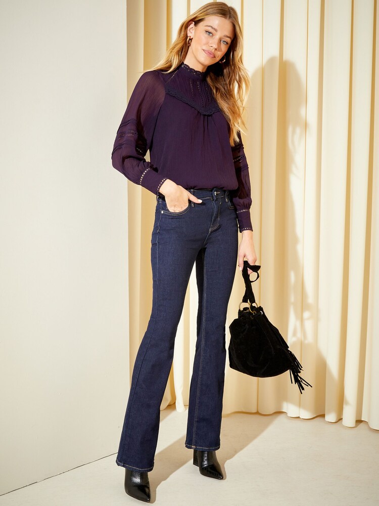 Friends Like These Plum Purple Long Sleeve Lace High Neck Victorianna Blouse - Image 2 of 4