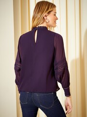 Friends Like These Plum Purple Long Sleeve Lace High Neck Victorianna Blouse - Image 4 of 4