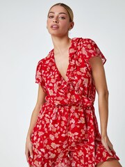 Dusk Red Floral Frill Wrap Playsuit - Image 1 of 5