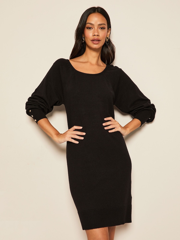 Friends Like These Black Button Cuff Knitted Scoop Neck Jumper Dress - Image 1 of 4