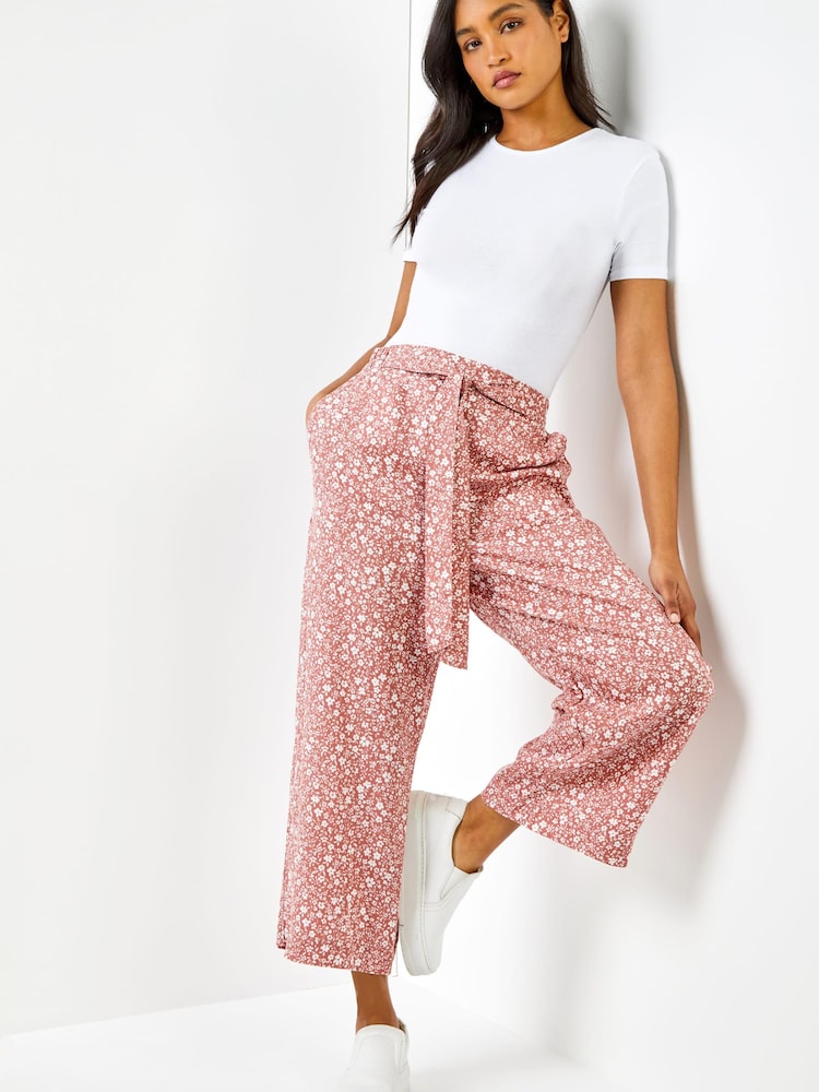 Roman Pink Ditsy Floral Print Waist Tie Culottes - Image 1 of 4