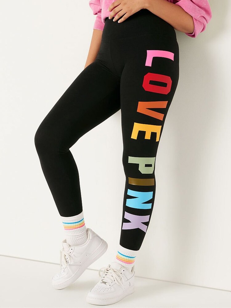 Victoria's Secret PINK Pure Black Rainbow Love Pink Cotton High Waist  Leggings - Image 1 of 4