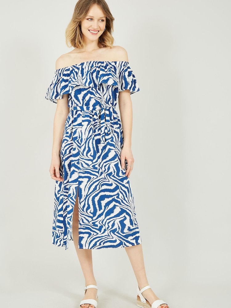 Yumi Blue Zebra Print Bardot Dress - Image 1 of 4 Yumi Blue Zebra Print Bardot Dress - Image 1 of 4