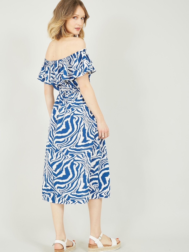 Yumi Blue Zebra Print Bardot Dress - Image 2 of 4 Yumi Blue Zebra Print Bardot Dress - Image 2 of 4