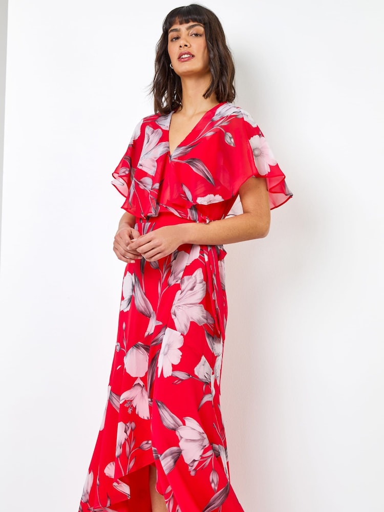 Roman Red Floral Print Frill Cape Midi Dress - Image 1 of 4