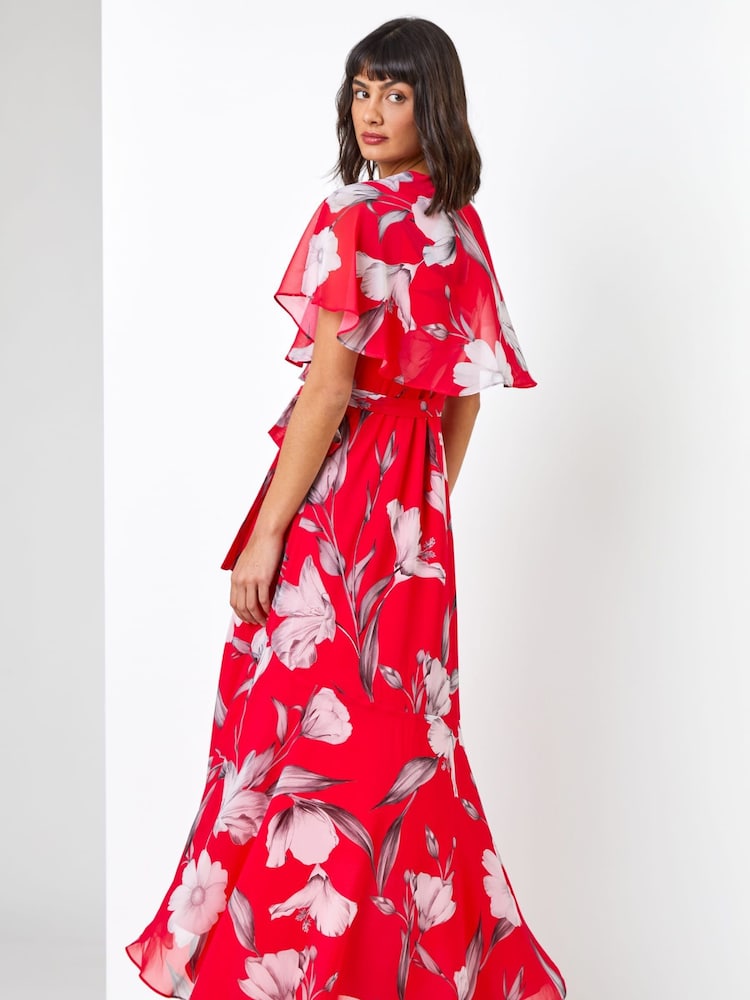 Roman Red Floral Print Frill Cape Midi Dress - Image 2 of 4 Roman Red Floral Print Frill Cape Midi Dress - Image 2 of 4
