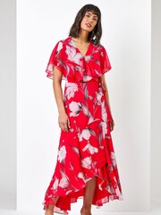 Roman Red Floral Print Frill Cape Midi Dress - Image 3 of 4