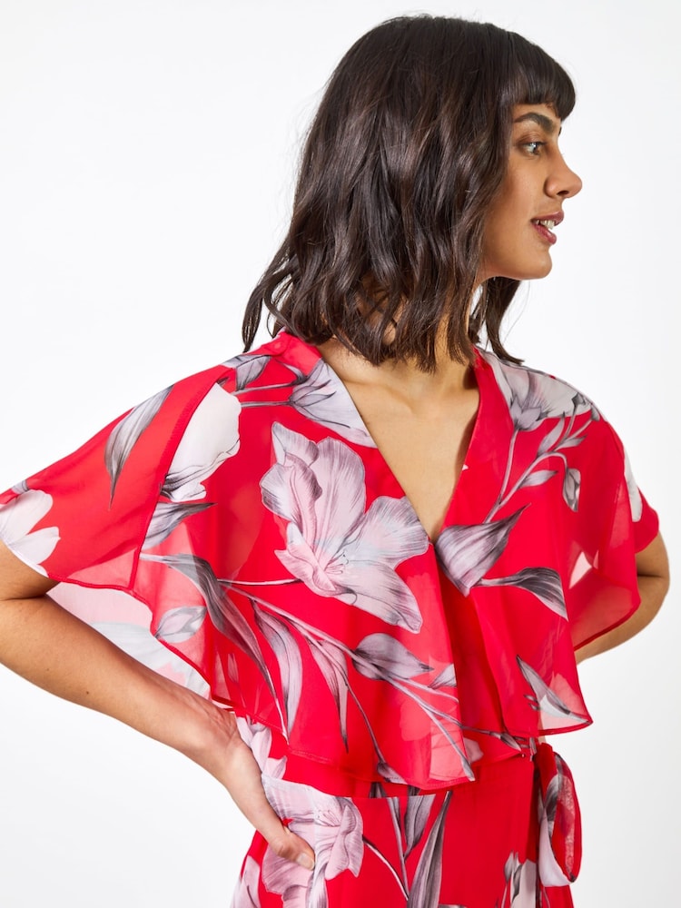 Roman Red Floral Print Frill Cape Midi Dress - Image 4 of 4