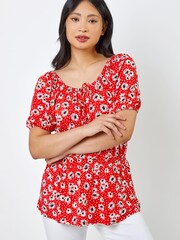 Roman Red Petite Floral Print Shirred Waist Top - Image 1 of 4