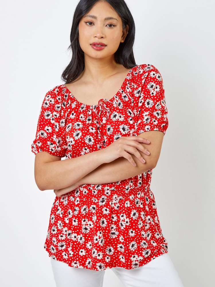 Roman Red Petite Floral Print Shirred Waist Top - Image 1 of 4
