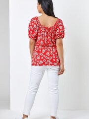 Roman Red Petite Floral Print Shirred Waist Top - Image 2 of 4