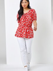 Roman Red Petite Floral Print Shirred Waist Top - Image 3 of 4