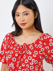 Roman Red Petite Floral Print Shirred Waist Top - Image 4 of 4