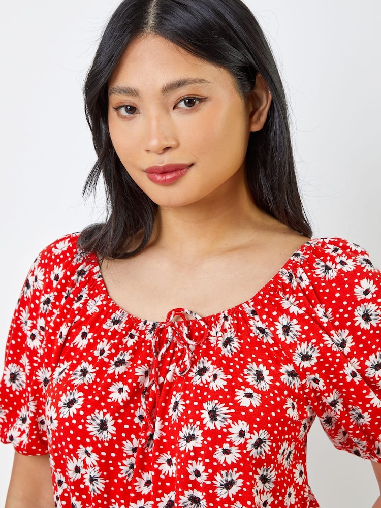 Roman Red Petite Floral Print Shirred Waist Top - Image 4 of 4