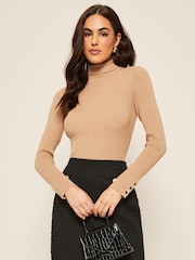 Friends Like These Camel Ribbed Roll Neck Jumper - Image 1 of 4