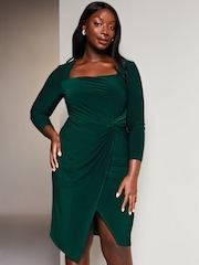 Lipsy Green Curve Long Sleeve Ruched Knot Jersey Midi Dress With Split - Image 1 of 4