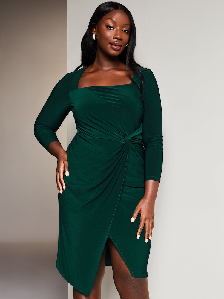 Lipsy Green Curve Long Sleeve Ruched Knot Jersey Midi Dress With Split - Image 1 of 4 Lipsy Green Curve Long Sleeve Ruched Knot Jersey Midi Dress With Split - Image 1 of 4