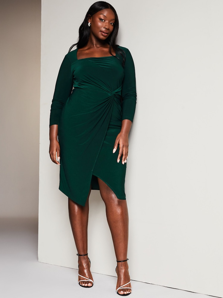 Lipsy Green Curve Long Sleeve Ruched Knot Jersey Midi Dress With Split - Image 3 of 4