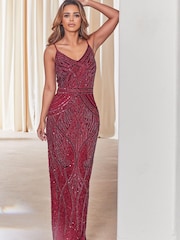 Burgunderrot - Sistaglam Verziertes Maxikleid mit Trägern, Pailletten und Perlen - Bild 1 von 2