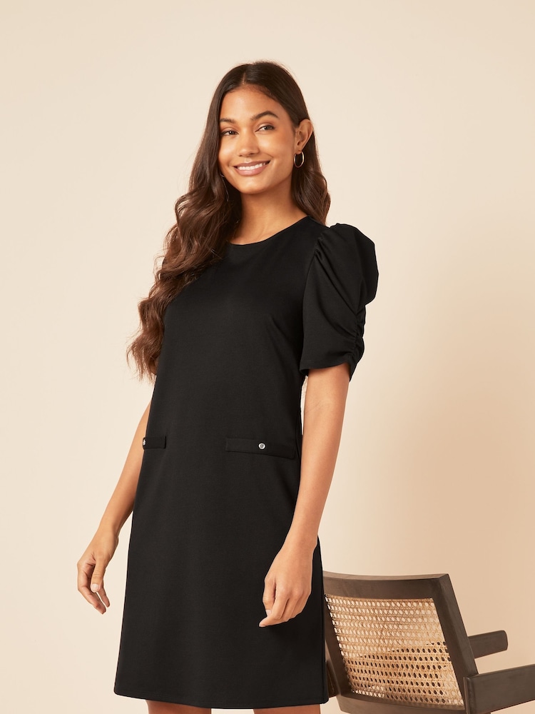 Friends Like These Black Short Puff Sleeve Round Neck Shift Dress - Image 1 of 4 Friends Like These Black Short Puff Sleeve Round Neck Shift Dress - Image 1 of 4