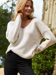 Sosandar Ivory Cable Shoulder V Neck Jumper - Image 4 of 4