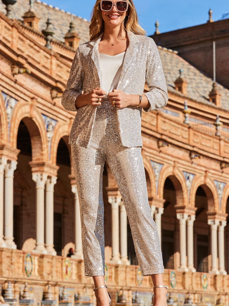 Sosandar Silver Relaxed Sequin Blazer - Image 2 of 4 Sosandar Silver Relaxed Sequin Blazer - Image 2 of 4