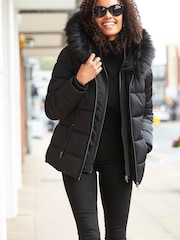 Sosandar Black Black Faux Fur Trim Luxe Padded Coat - Image 1 of 6