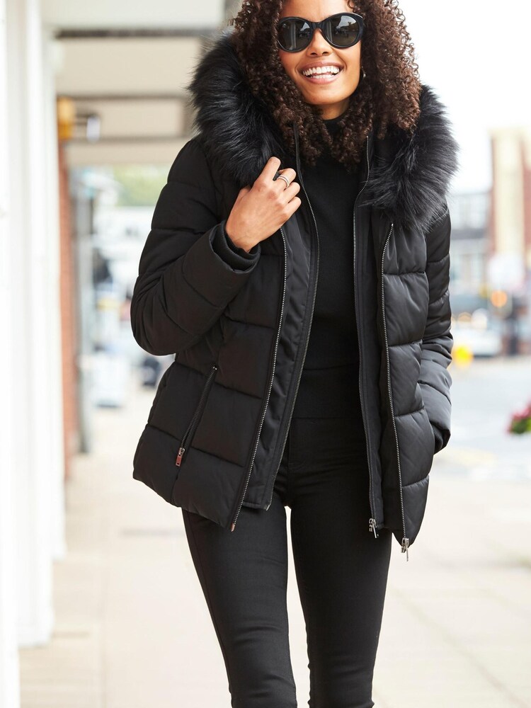 Sosandar Black Black Faux Fur Trim Luxe Padded Coat - Image 1 of 6 Sosandar Black Black Faux Fur Trim Luxe Padded Coat - Image 1 of 6
