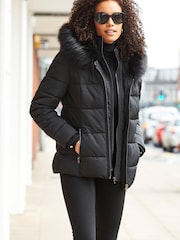 Sosandar Black Black Faux Fur Trim Luxe Padded Coat - Image 3 of 6