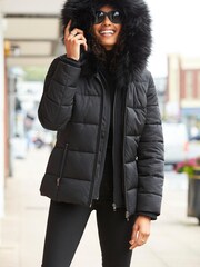 Sosandar Black Black Faux Fur Trim Luxe Padded Coat - Image 5 of 6