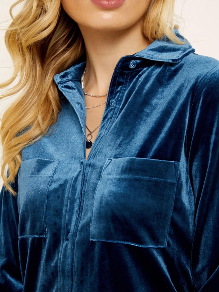 Sosandar Blue Slim Velvet Shirt - Image 5 of 5