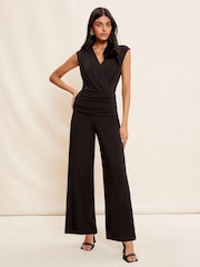 Friends Like These Black Ruche Waist Wrap Style Slinky Sleeveless Wide Leg Jumpsuit - Image 1 of 4