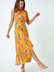 Roman Yellow Mustard Sleeveless Floral Halter Neck Midi Dress - Image 1 of 5