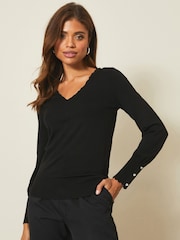 Черный - Lipsy V Neck Scallop Detail Button Sleeve Jumper - Image 1 of 4