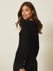 Черный - Lipsy V Neck Scallop Detail Button Sleeve Jumper - Image 2 of 4