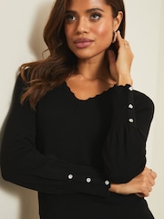 Черный - Lipsy V Neck Scallop Detail Button Sleeve Jumper - Image 4 of 4