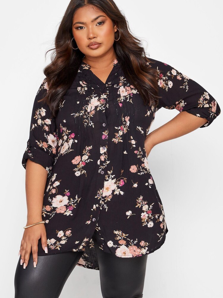 Yours Curve Black Floral Pintuck Shirt - Image 1 of 1 Yours Curve Black Floral Pintuck Shirt - Image 1 of 1