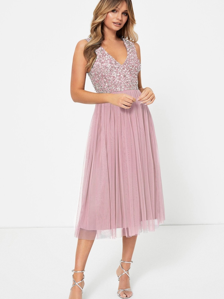 Maya Pink Petite V Neck Sleeveless Sequin Midi Dress - Image 4 of 4 Maya Pink Petite V Neck Sleeveless Sequin Midi Dress - Image 4 of 4