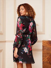 V&A | Love & Roses Black Printed Ruffle Long Sleeve Skater Dress - Image 2 of 4