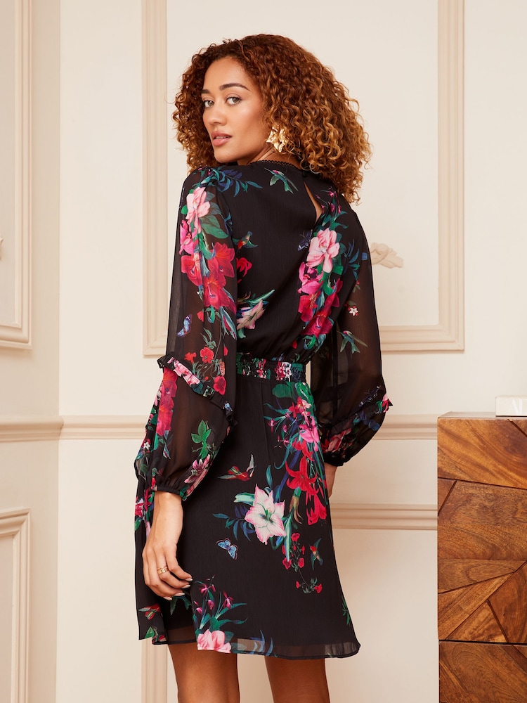 V&A | Love & Roses Black Printed Ruffle Long Sleeve Skater Dress - Image 2 of 4
