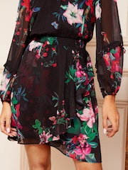 V&A | Love & Roses Black Printed Ruffle Long Sleeve Skater Dress - Image 4 of 4